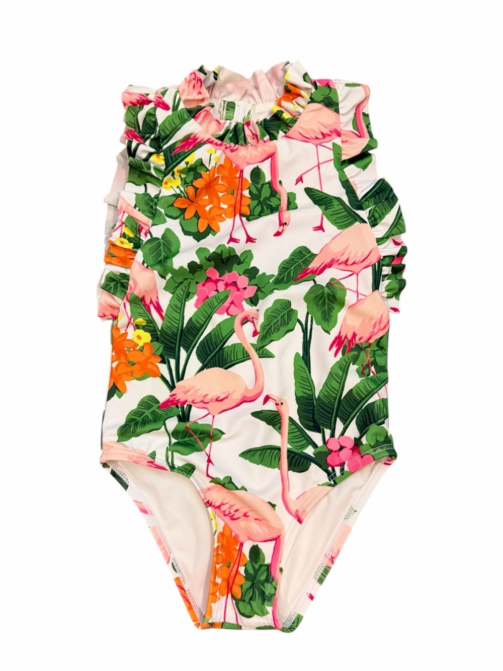 Janie and Jack Flamingo Floral Ruffle One-Piece Swimsuit - Pink, Green & Orange